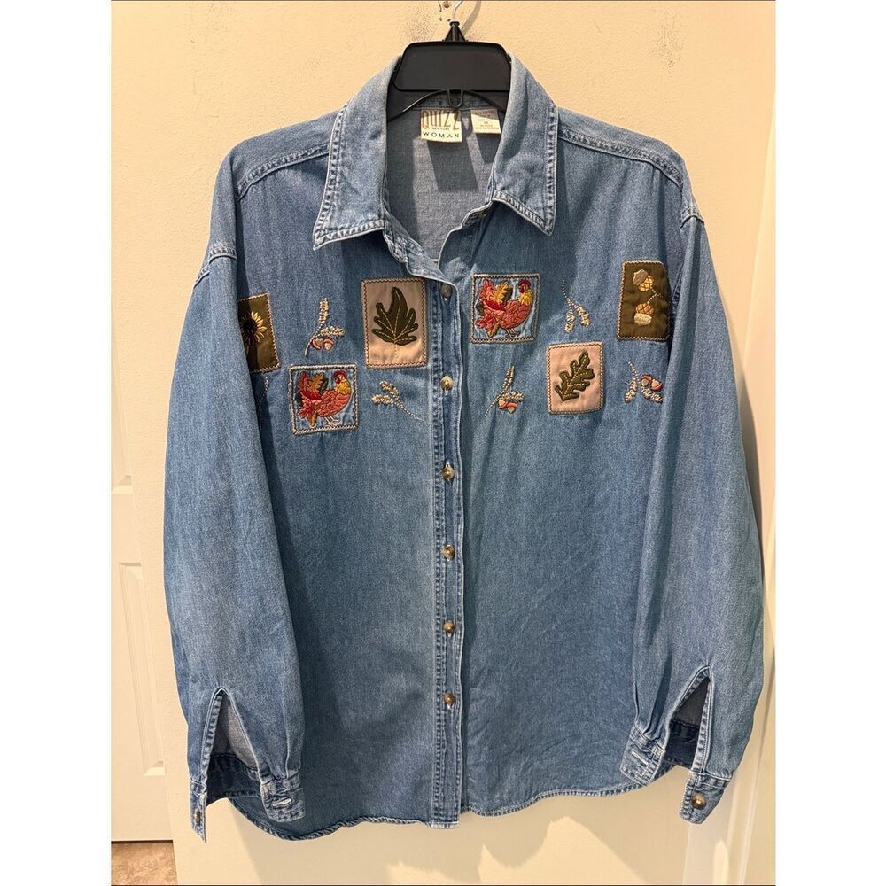Quiz Woman New York Embroidered Denim Button-Down Shirt patchwork holiday sz 18